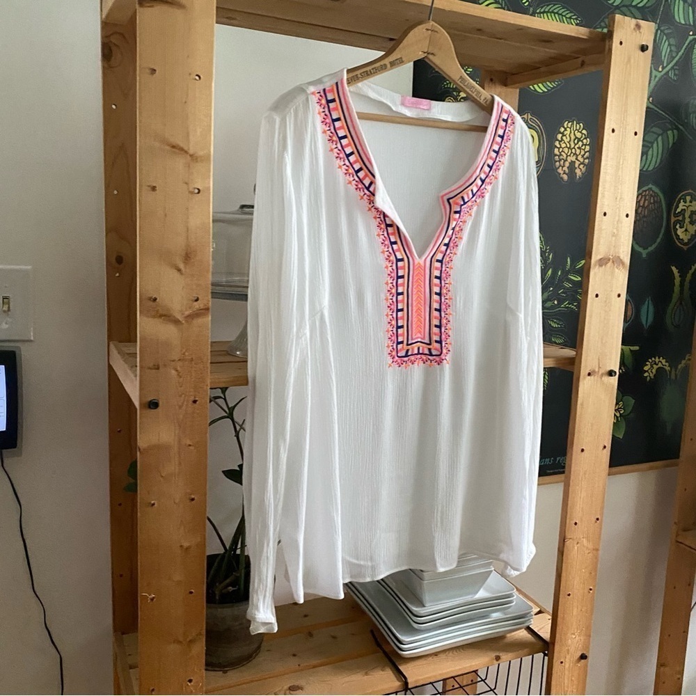 Lilly Pulitzer Resort White Pink Blue Orange Embroidered Dahle Tunic Top Medium - Picture 4 of 12